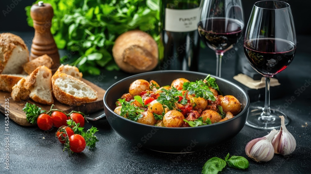 Fresh Vegetable Dish with Herbs, Red Wine, and Artisan Bread Fresh Vegetable Dish with Herbs, Red Wine, and Artisan Bread