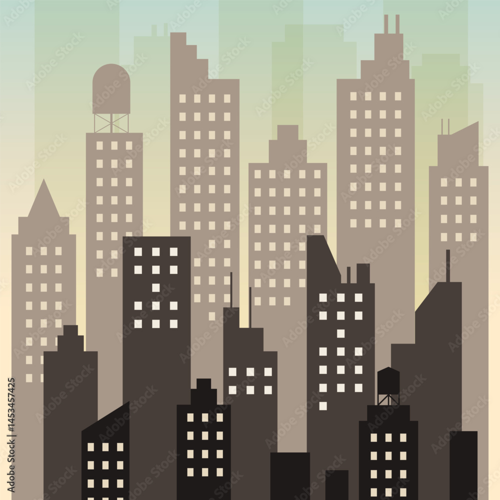 Fototapeta premium Minimal vector cityscape with high-rise buildings under a soft gradient sky. Perfect for urban themes and modern design concepts.