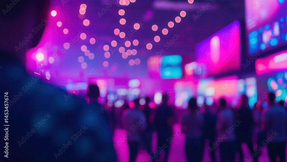 Fototapeta premium Vibrant Night at a Tech Conference: A Blur of Lights and People