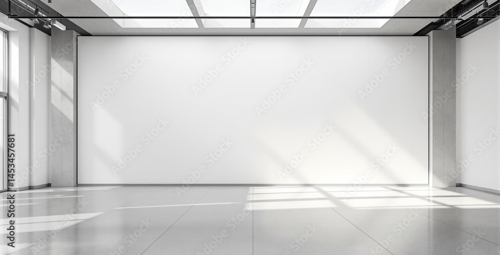 Empty modern gallery interior with blank white wall and skylight ceiling, clean design and sunlight shadows on the floor, concept of presentation. Ai generative Empty modern gallery interior with blank white wall and skylight ceiling, clean design and sunlight shadows on the floor, concept of presentation. Ai generative