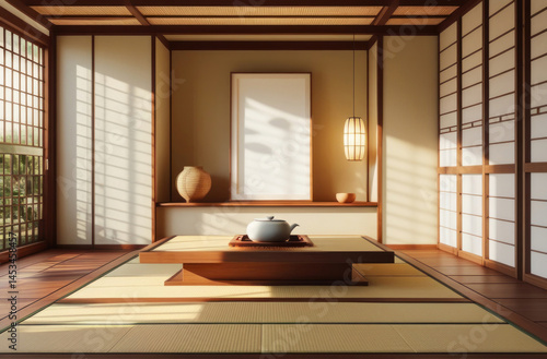 Mockup poster frame in traditional Japanese tea room with tatami mats, wooden table, shoji screens, and minimalist Zen decor