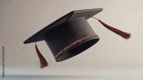 A modern  graduation hat floating in mid-air with soft shadows beneath. The fabric texture, stitching, and tassel movement are captured with photorealistic precision, isolated on a clean background.