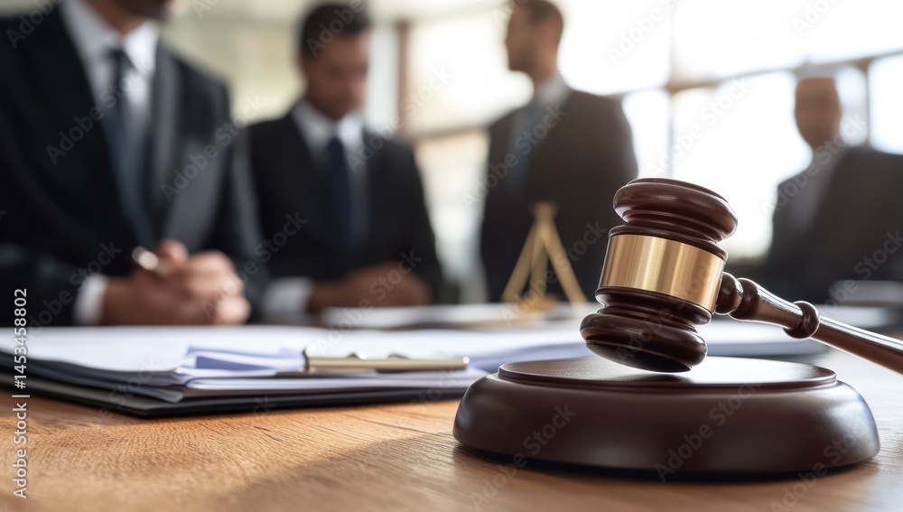 Gavel on Wooden Table with Blurred Lawyers in Background. Gavel on Wooden Table with Blurred Lawyers in Background.