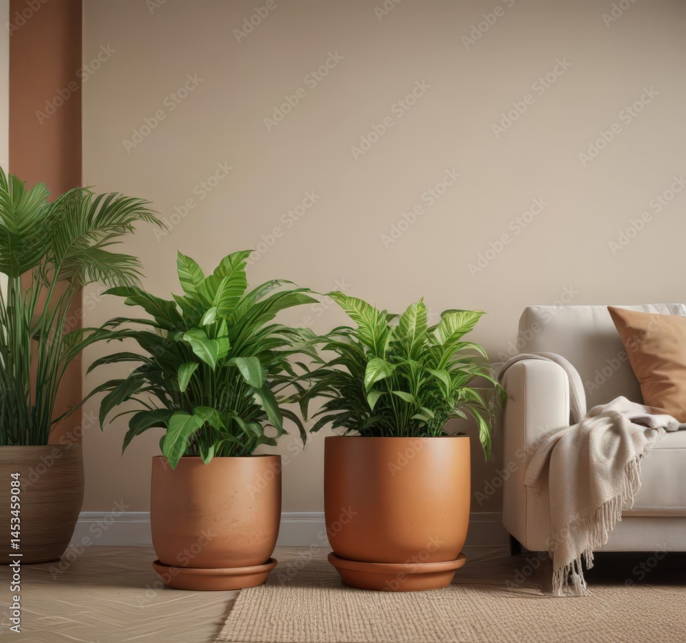 Fototapeta premium Lush green plant in terracotta pot rests beside cozy couch pillows , peaceful, vibrant