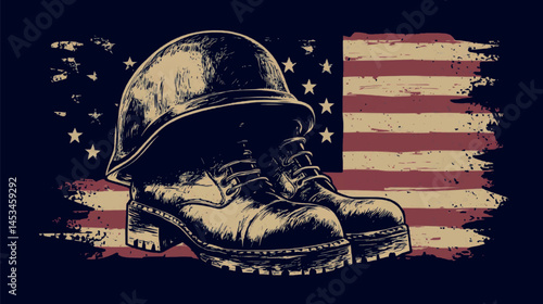 Military Boots Helmet Flag Vector,Generative Ai
