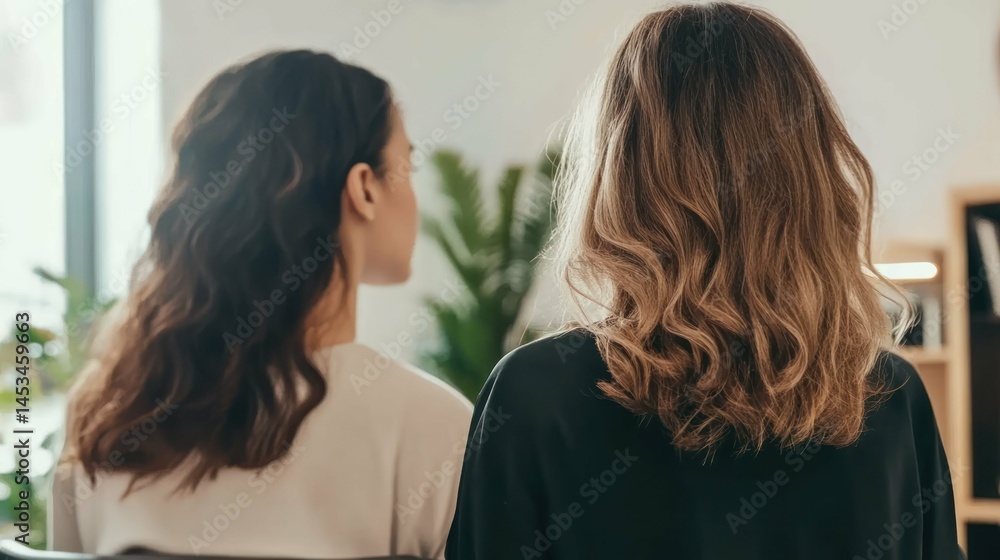 Fototapeta premium Two women in discussion at the office, casual lifestyle, diverse.