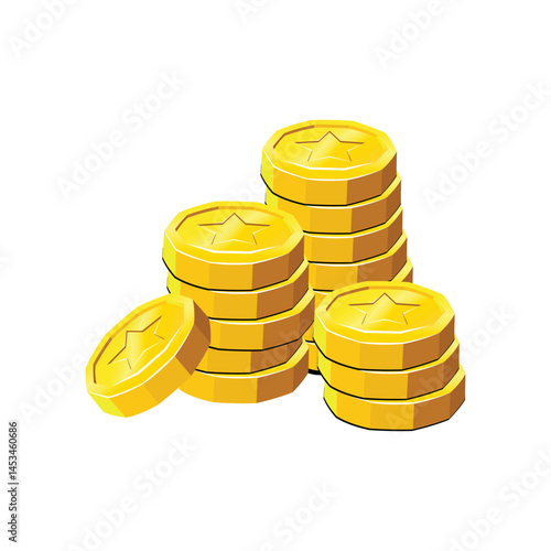 Stack of shiny gold coins with star imprints, isolated on white background, perfect for games, apps, or financial graphics.