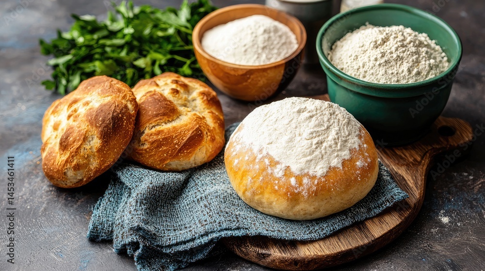 Freshly Baked Bread with Flour and Herbs on Wooden Cutting Board