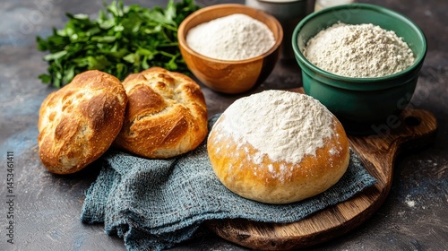 Obraz na płótnie Freshly Baked Bread with Flour and Herbs on Wooden Cutting Board w salonie
