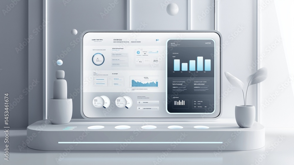 A modern premium UI dashboard with holographic elements, displaying data widgets, charts, and smooth interactive components. A modern premium UI dashboard with holographic elements, displaying data widgets, charts, and smooth interactive components.