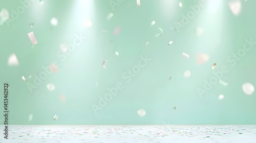 Birthday Celebration with Pastel Balloons and Confetti Mint Green Party Background Festive Atmosphere and Joyful Decor