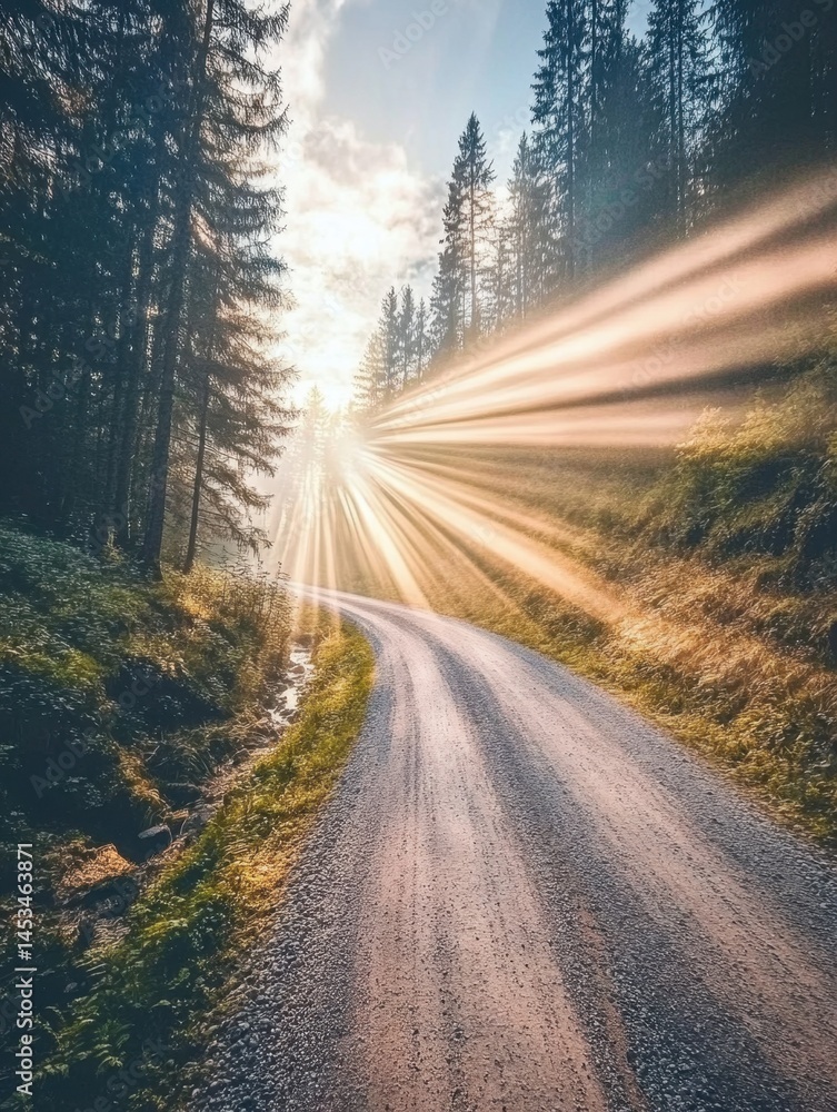 Obraz premium Serene Forest Path Bathed in Golden Sunlight Awaits Exploration and Adventure in Nature's Embrace
