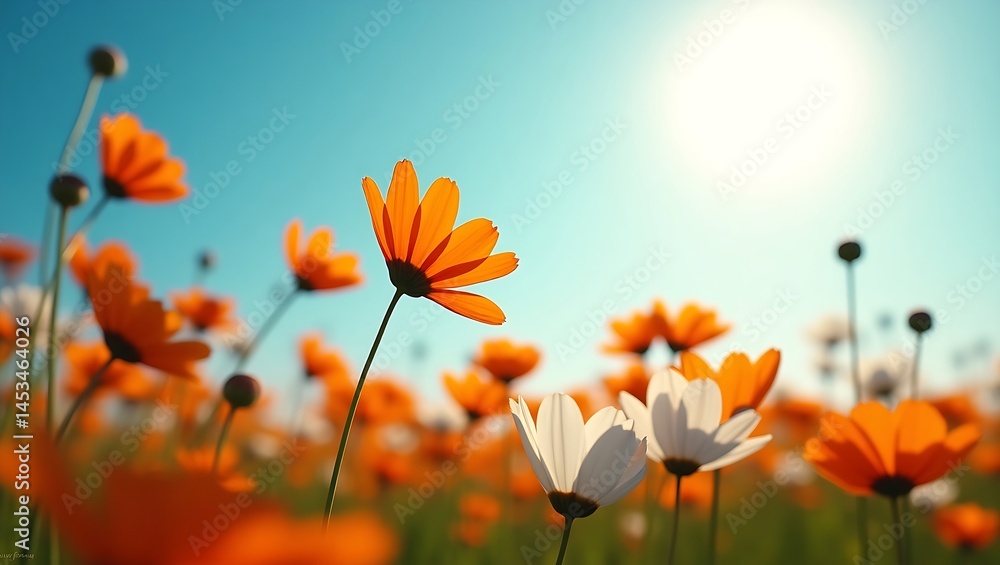 Obraz premium Blooming orange and white cosmos flowers reach toward a clear blue sky, sunlit and serene, capturing the warmth and beauty of a peaceful spring day.