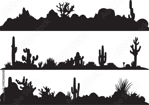 Desert Landscape Silhouette Vector: Cactus, Mountains, and Arid Plants Illustration for Graphic Design and Southwestern Themes