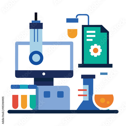 A stylized displays laboratory equipment including a computer monitor, flasks, tubes, and a document