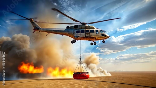 Helicopter carries water bucket to fight a wildfire in the desert