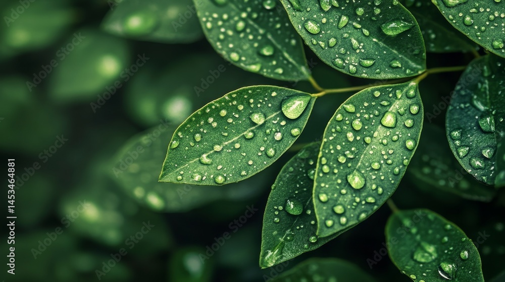 Fototapeta premium background image of close-up green leaves with fresh dewdrops, showcasing the beauty of nature, realistic style, soft lighting, fresh and calming atmosphere
