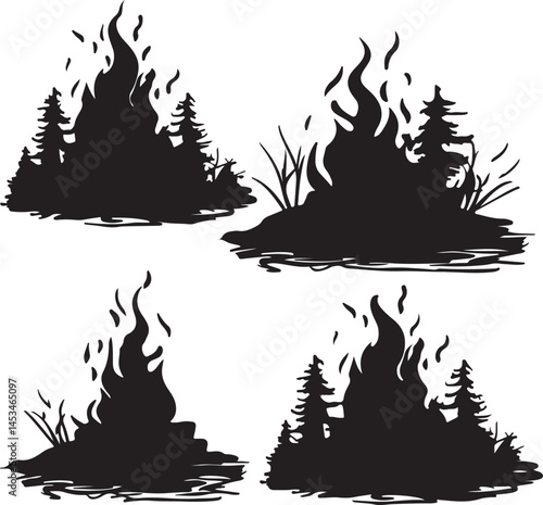 Silhouette Wildfire Clipart: Forest Fire Illustration, Black and White Vector Graphic, Bushfire Danger, Nature Disaster Icon, Fire Safety Design