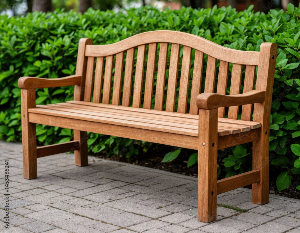 Wooden Bench in Park Setting with Greenery. Ideal for rest and relaxation in an outdoor environment. Wooden Bench in Park Setting with Greenery. Ideal for rest and relaxation in an outdoor environment.