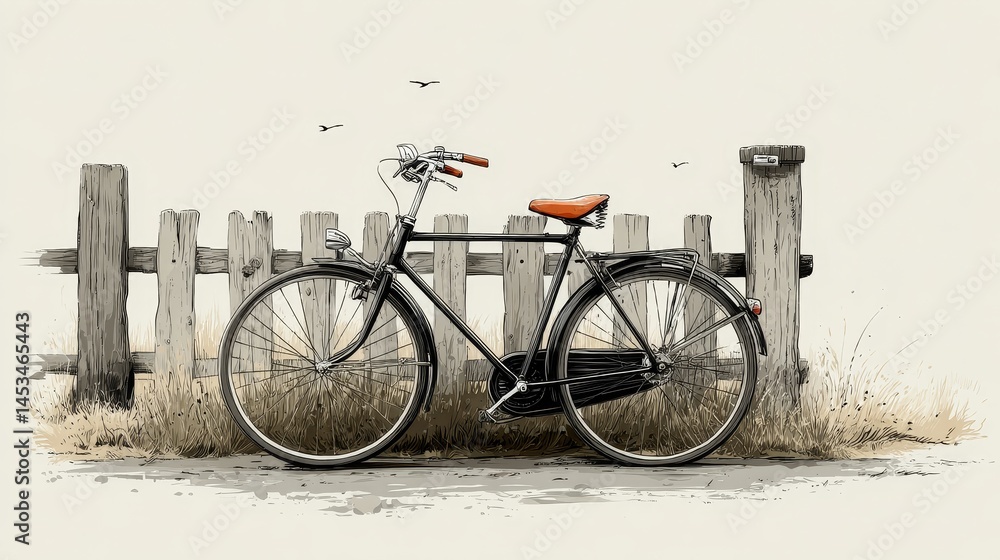 Fototapeta premium Classic Vintage Bicycle Next to a Rustic Wooden Fence in a Field