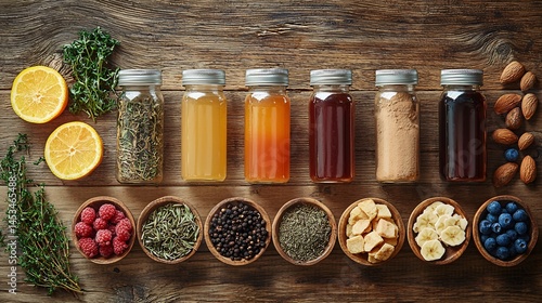 Fototapeta Naklejka Na Ścianę i Meble -  Healthy fruit and vegetable juice arrangement