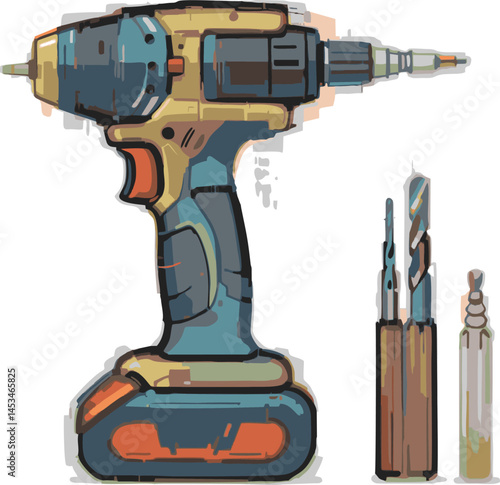 Cordless Drill and Drill Bits:  Hand Drawn Illustration