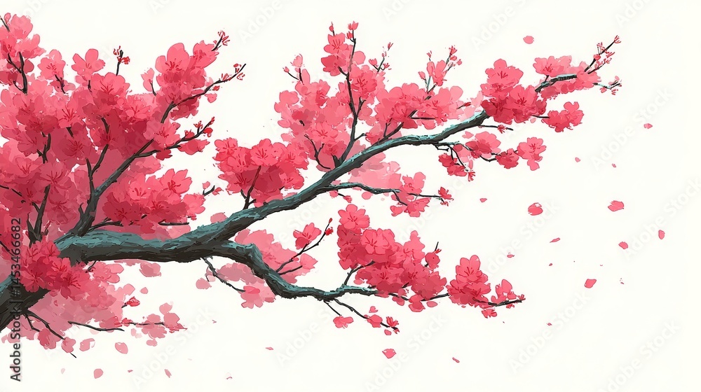 Fototapeta premium Vibrant Pink Blossoms on a Branch with Falling Petals in Spring