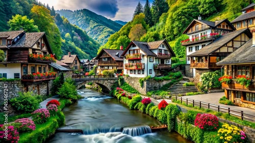 Serene river flowing through a picturesque village nestled in a lush valley