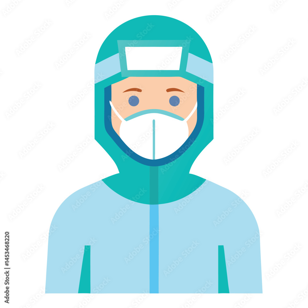 Blonde person wearing protective suit and white mask during pandemic is illustrated Blonde person wearing protective suit and white mask during pandemic is illustrated