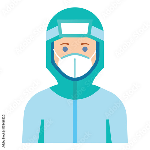 Blonde person wearing protective suit and white mask during pandemic is illustrated