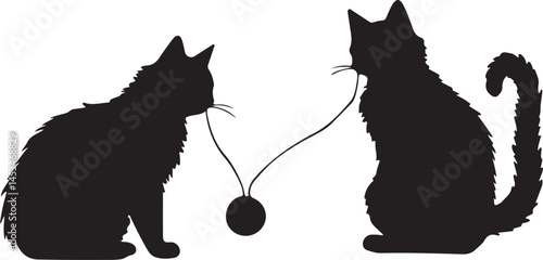 Silhouette of Two Cats Playing with a Ball of Yarn, Feline Friends, Playful Kittens, Black and White Illustration, Pet Companions