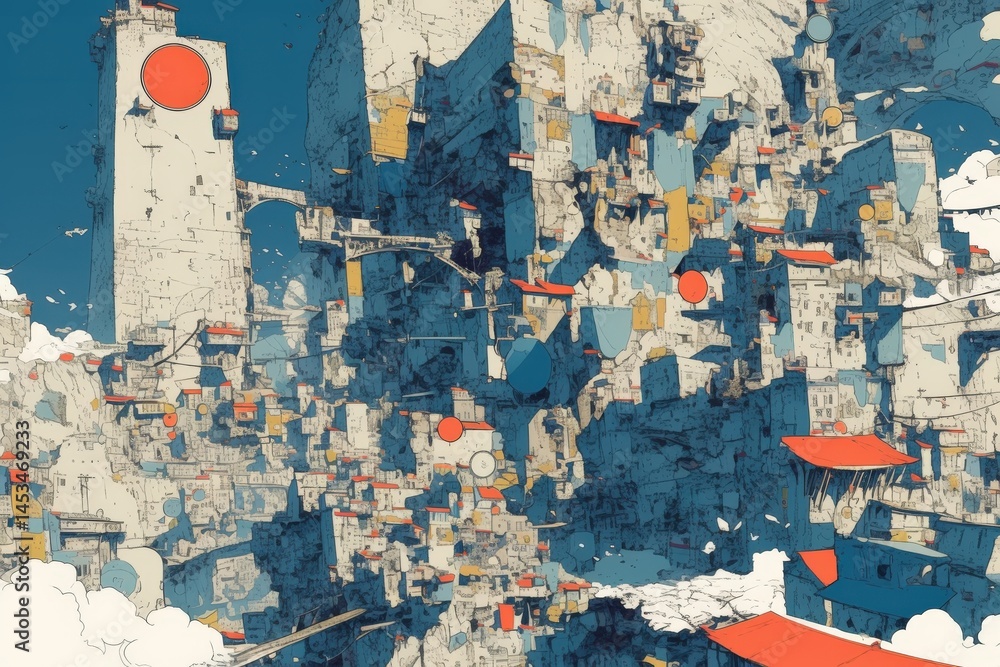 Fototapeta premium Dense city sprawls upward; an abstract array of buildings under blue skies