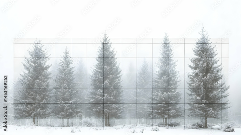 Fototapeta premium A gridded, misty, wintry forest scene with tall, snow-covered evergreen trees in the foreground