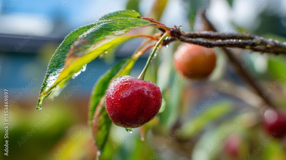 Obraz premium Ripe cherry glistening on a branch, embodying nature's fresh vitality 