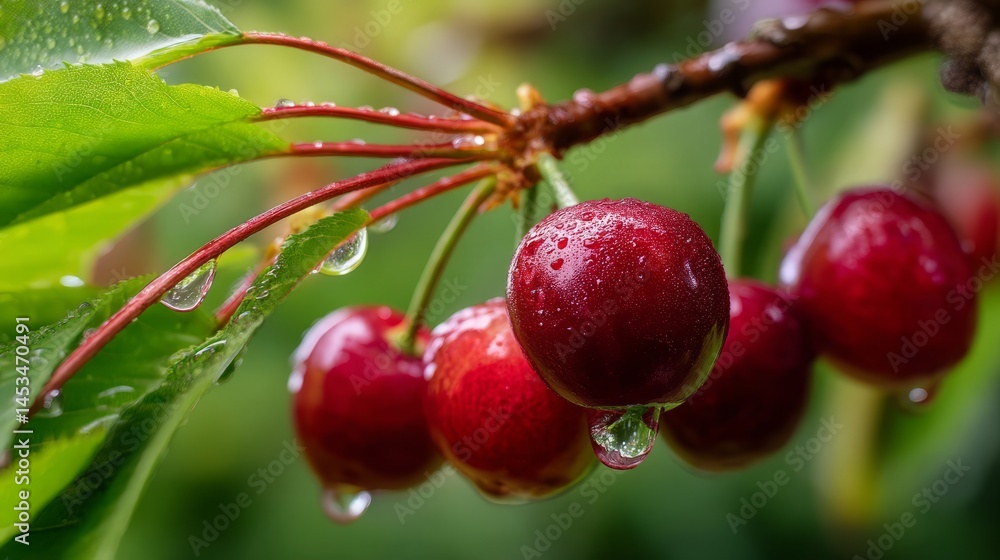 Obraz premium Ripe cherry glistening on a branch, embodying nature's fresh vitality