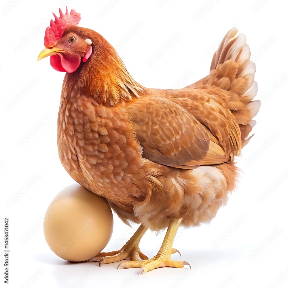Fototapeta premium Hen and egg brown hen with egg isolated on white background