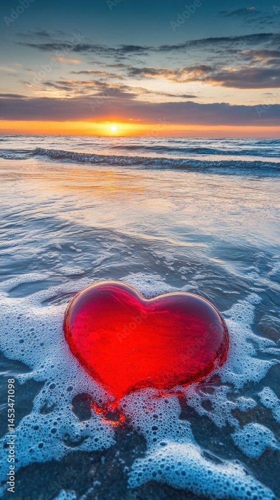Fototapeta premium Romantic Heart in Ocean Waves at Sunset Symbolizing Love and Serenity on a Beach Holiday