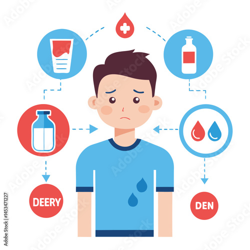 Cartoon man looks dehydrated, needing a blood transfusion, electrolyte drinks, and hydration treatments