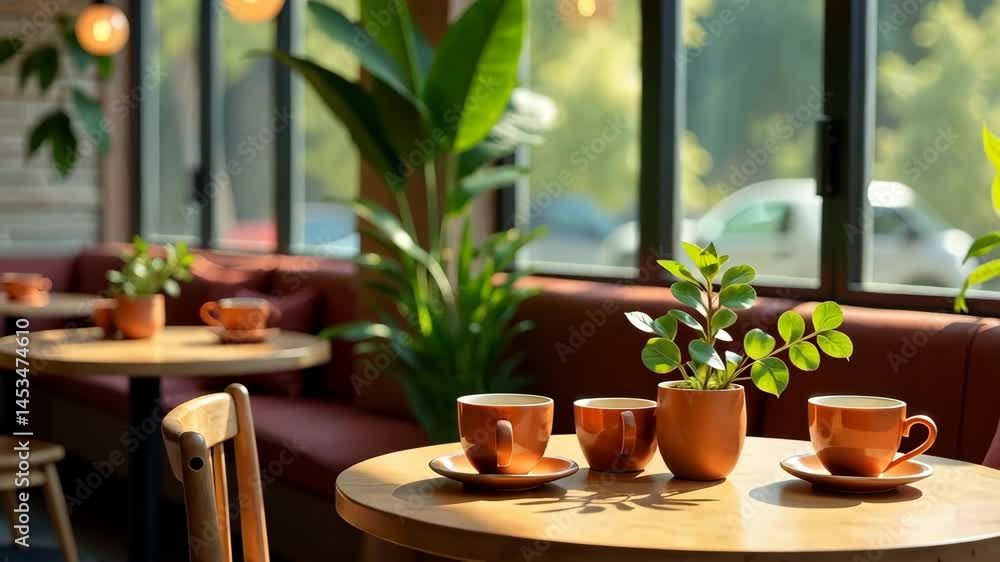 Inviting cafe interior with comfortable seating, plants, and coffee cups bathed in warm sunlight. Inviting cafe interior with comfortable seating, plants, and coffee cups bathed in warm sunlight.