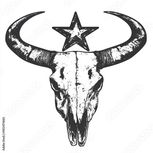 Distressed Bull Skull and Star Illustration in Black and White for Western Art