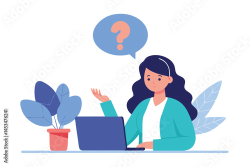 Fairskinned woman looks at laptop with question mark above her head against white
