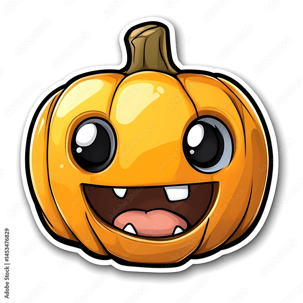 Fototapeta premium A Smiling Cartoon Pumpkin Face Sticker With Large Eyes and Teeth