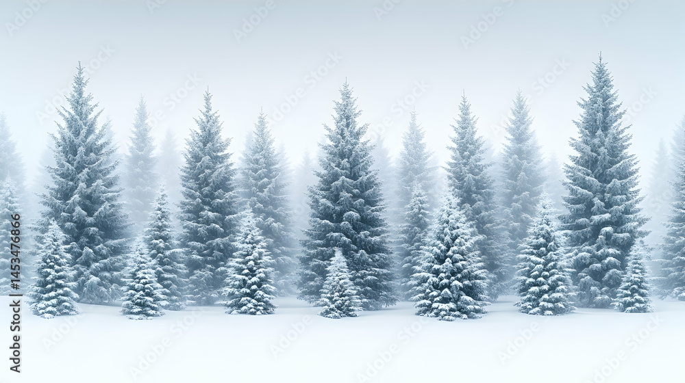 A row of snow-covered pine trees stand tall against a misty background A row of snow-covered pine trees stand tall against a misty background
