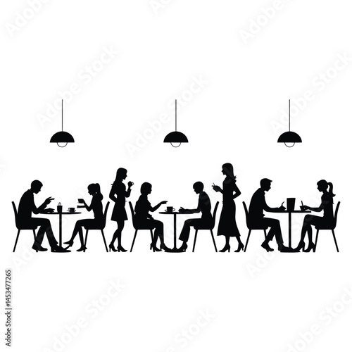 A black and white silhouette image depicting a variety of people dining at tables in a cafe. Silhouettes of people dining in a cafe