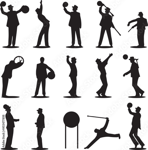 Silhouette Art: Vintage Man Juggling, Playing with Ball & Cane, Retro Style Vector Illustration, Circus Performer Graphics, Black & White Design