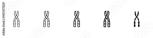 Set of 5 pixel perfect pruner icon with 1 unexpanded, 1 silhouette, Icon of garden pruners with curved blades in an open position.
