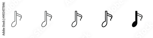 Set of 5 pixel perfect semiquaver note icon with 1 unexpanded, 1 silhouette, A stylized music note representing a semiquaver or sixteenth note.