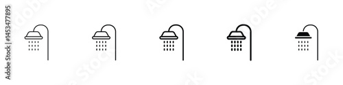 Set of 5 pixel perfect Shower icon with 1 unexpanded, 1 silhouette, A basic shower icon with a showerhead spraying water downward.