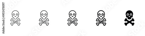 Set of 5 pixel perfect Crossbones skull icon with 1 unexpanded, 1 silhouette, A classic pirate skull and crossbones symbol icon.