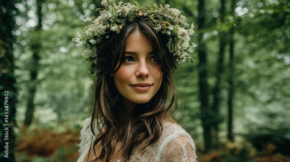 Naklejka premium boho bridal look with floral crown and natural makeup